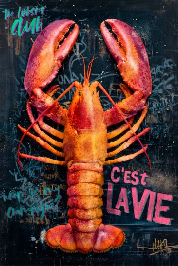 The Lobster Club kleurrijk kreeft schilderij pop art stijl met typografie