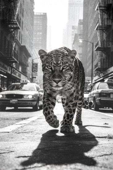 Urban Leopard zwart wit luipaard schilderij in stedelijke omgeving moderne dierenkunst