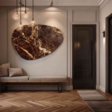 La pintura abstracta "Ecos de la Tierra" sirve como decoración orgánica para la pared de un elegante pasillo.