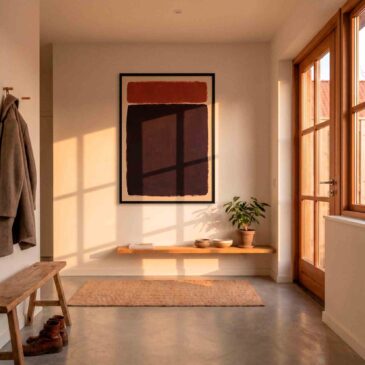 Ember and Ash abstract artwork with earth tones as wall decoration in a modern entrance.