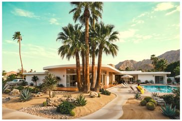 Mid century modern fotokunst met luxe villa en palmbomen