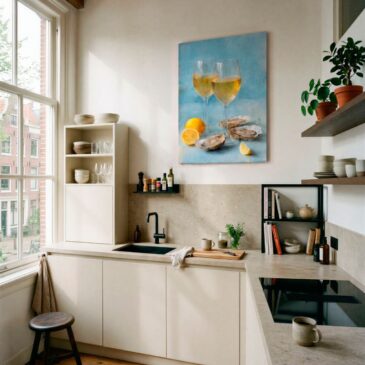 Stijlvolle still life wanddecoratie met champagneglazen, oesters en citroen in zachte blauwe tinten