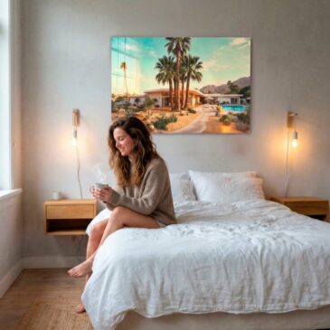 Mid century modern fotokunst met luxe villa en palmbomen
