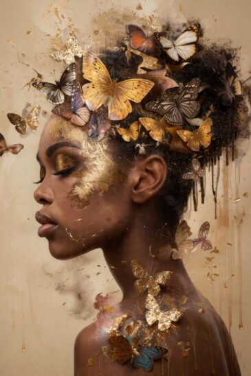 Dreams of Gold – zijaanzicht van een Afrikaanse vrouw met gouden vlinders in haar haar
