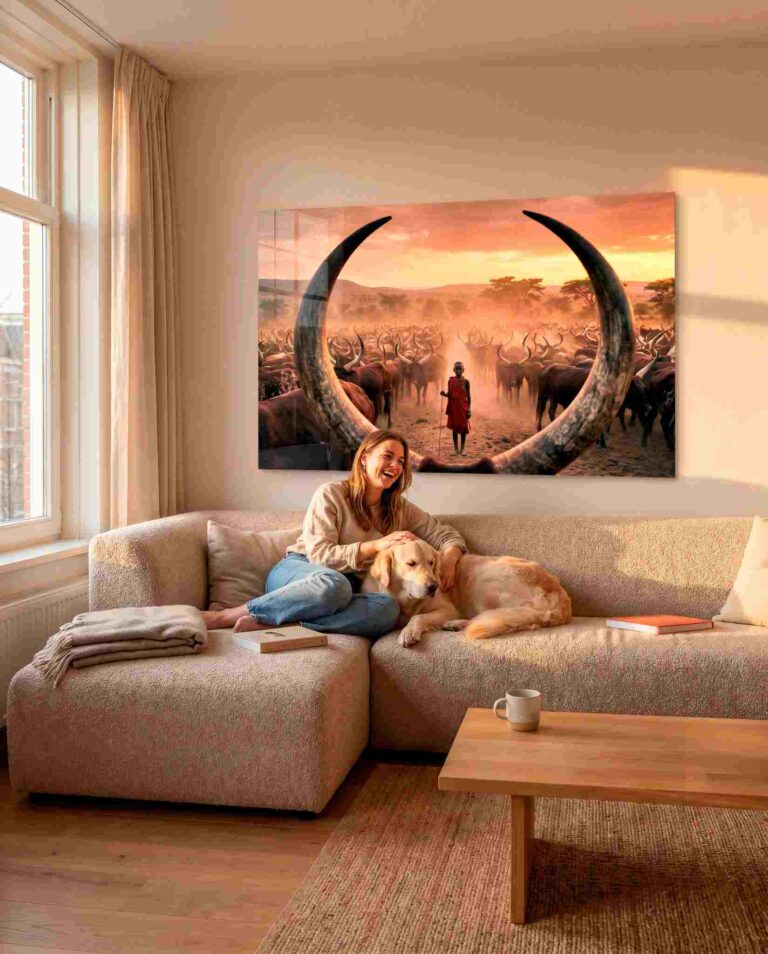 Decoración de pared con estilo en un interior moderno a cargo de The Art of Interior, con obras de arte que complementan a la perfección el espacio, los colores y el estilo de vida.