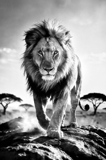 Lion King - zwart-wit leeuwenportret van een imposante leeuw in de Afrikaanse savanne