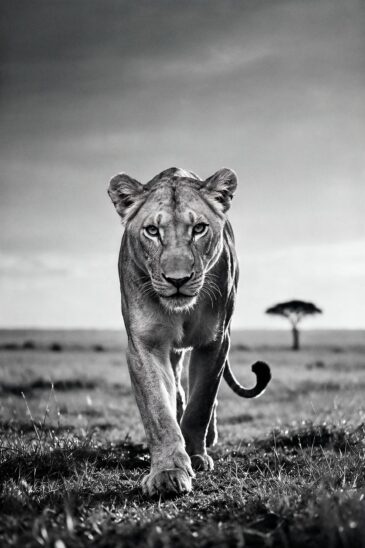 Lioness Queen - zwart-wit leeuwin op de savanne met acaciaboom