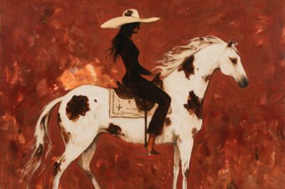 Het Rode Westen – geschilderd western schilderij met vrouw met witte hoed op een gevlekt wit paard