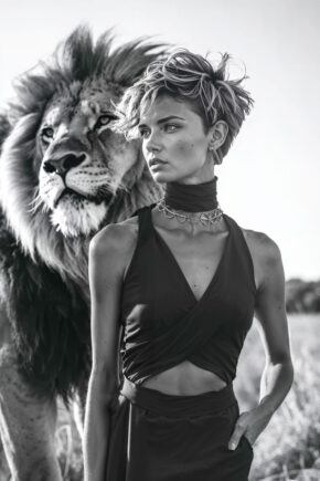Artistic art photo of beautiful woman with lion