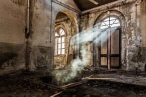 Wall art of a dilapidated building