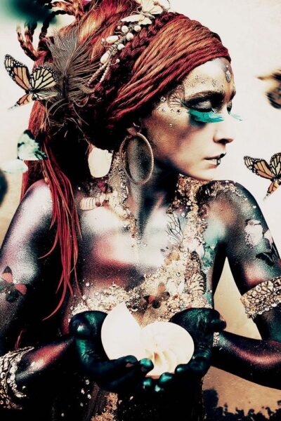 Wall decoration of a beautiful woman with butterflies